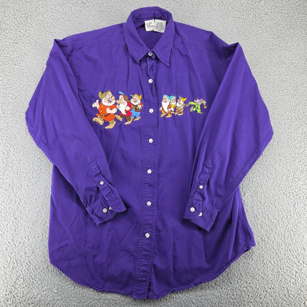Vintage Disney Seven Dwarf Button Down Shirt Large Purple Embroidered Snow White